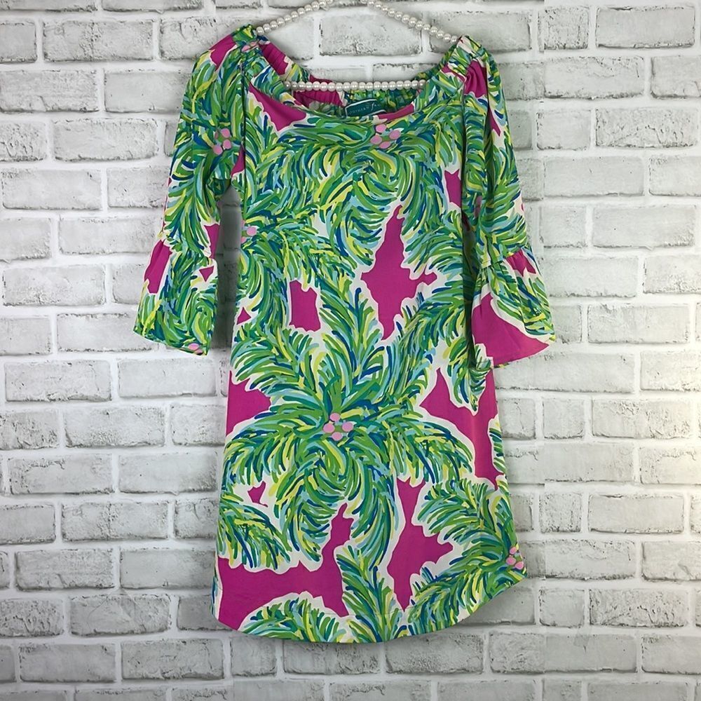 Southern Frock Print Dress Green Pink Size XS Resort Travel Vacation Wear